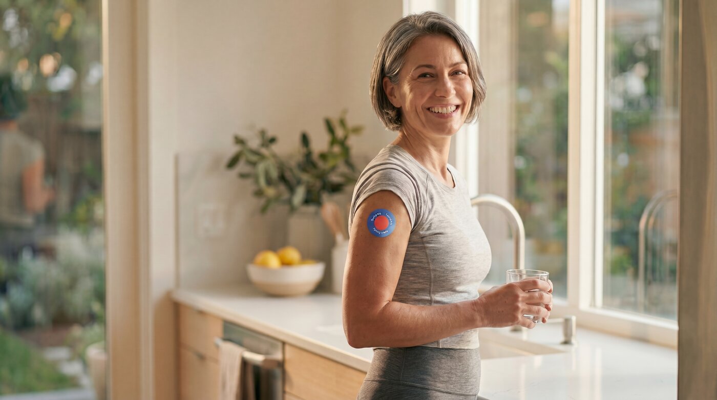 Woman wearing a Purisaki Berberine Patch on her upper arm